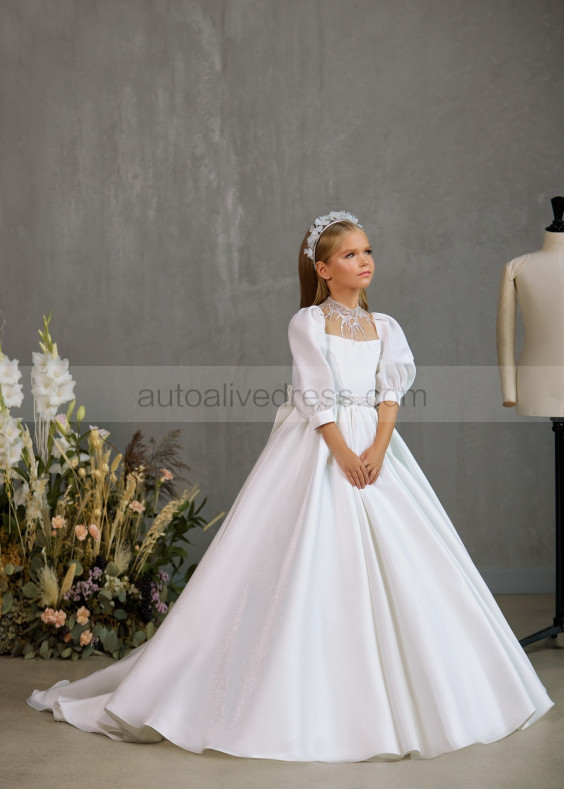 High Neck Beaded Ivory Lace Satin Flower Girl Dress